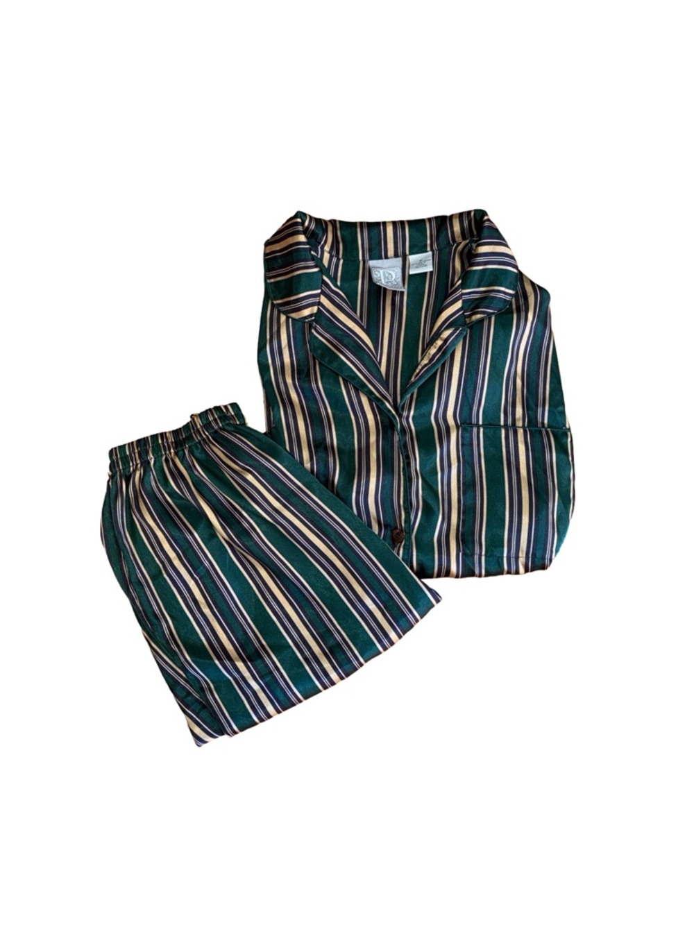 P. Intimates Striped Satin Sleep Shirt in Green, Navy & Gold
